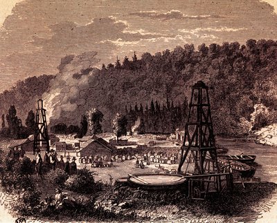 Ölfelder in Titusville, Pennsylvania, mit dem ersten Bohrturm, erfunden von Edwin Laurentine Drake im Jahr 1859, Kupferstich, USA von American School