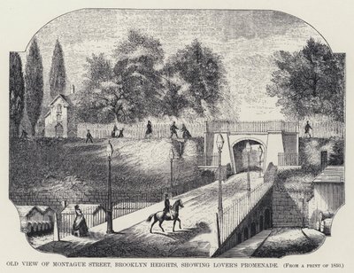 Alte Ansicht der Montague Street, Brooklyn Heights, Liebespromenade zeigend von American School