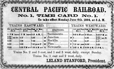 Fotografischer Druck des ursprünglichen Fahrplans der Central Pacific Railroad Company vom 6. Juni 1864 von American School