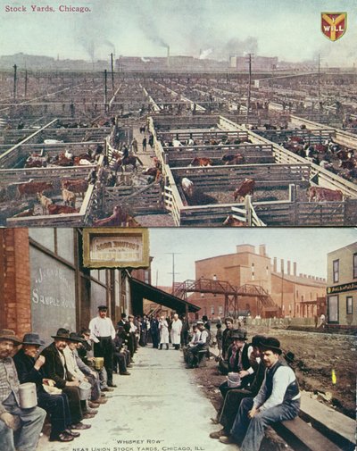 Postkarte, die die Viehhöfe und Schlachthöfe von Chicago und Arbeiter mit Mittagspausen zeigt, um 1910 von American School