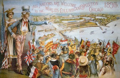 Plakat, das die Weltausstellung in Chicago 1893 bewirbt von American School