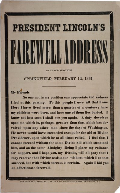 Abschiedsrede von Präsident Lincoln an seine alten Nachbarn, Springfield, 12. Februar 1861 von American School