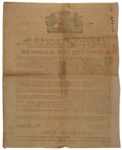 Proklamation im Namen von Francis Bernard, Gouverneur der Massachusetts Bay: Ankündigung eines Fastentages während des Französisch- und Indianerkrieges, 8. April 1761 von American School