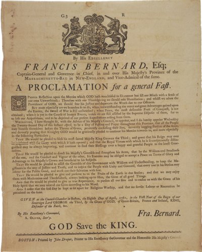 Proklamation im Namen von Francis Bernard, Gouverneur der Massachusetts Bay: Ankündigung eines Fastentages während des Französisch- und Indianerkrieges, 8. April 1761 von American School