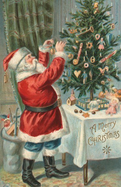 Weihnachtsmann schmückt einen Weihnachtsbaum von American School