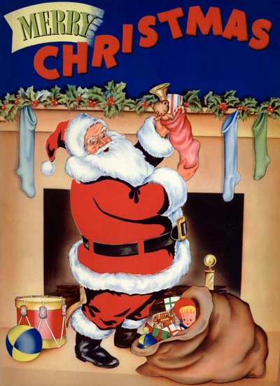 Weihnachtsmann füllt Strümpfe mit Spielzeug am Heiligabend von American School