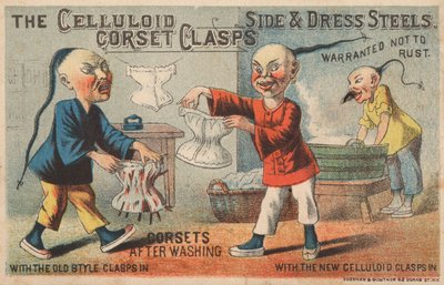 Szene in einer chinesischen Wäscherei, Werbung für Celluloid-Korsettverschlüsse von American School