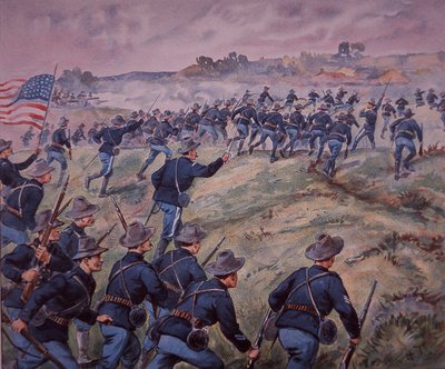 Spanisch-Amerikanischer Krieg 1898, US-Truppen stürmen die San Juan Heights in Kuba (Farblithografie) von American School