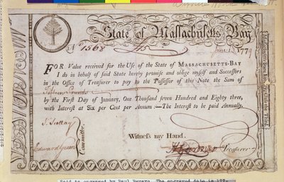 Schuldschein des Staates Massachusetts Bay, angeblich von Paul Revere (1735-1818) graviert, 1779 von American School