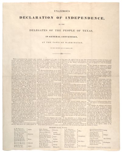 Texanische Unabhängigkeitserklärung: Einstimmige Unabhängigkeitserklärung, gedruckt von Baker und Bordens, 2. März 1836 von American School