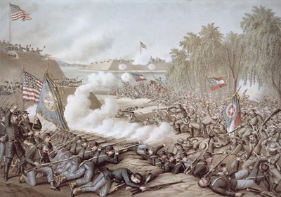Die Schlacht von Corinth, 3.-4. Oktober 1862, zeigt die Flaggen von Nord und Süd, von Kurz & Allison von American School