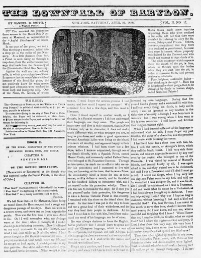 Der Untergang Babylons, Illustration aus einem anti-katholischen Pamphlet, das eine Nonne zeigt, die ein ermordetes Kind in eine Grube wirft, 1836 von American School