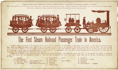 Der erste Dampfeisenbahn-Personenzug in Amerika, veröffentlicht um 1870 (Farbholzschnitt) von American School