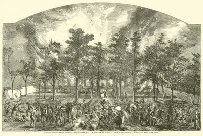 Die Aufständischen brennen das Colored Orphan Asylum, Ecke Fifth Avenue und Forty-Sixth Street, New York City, Juli 1863 von American School