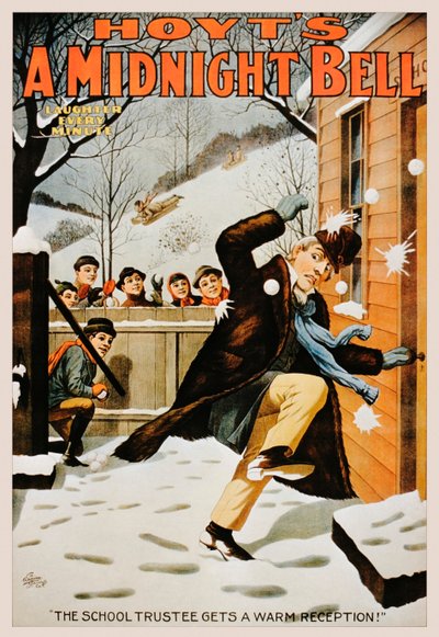Vintage-Poster von Jungen, die einen Mann mit Schneebällen bewerfen, 1890-99 von American School