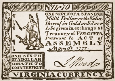 Virginia-Währung, gleich einem Sechstel eines spanischen Dollars, 1777 von American School