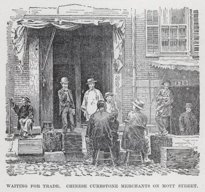Warten auf Handel, chinesische Bordstein-Händler in der Mott Street von American School