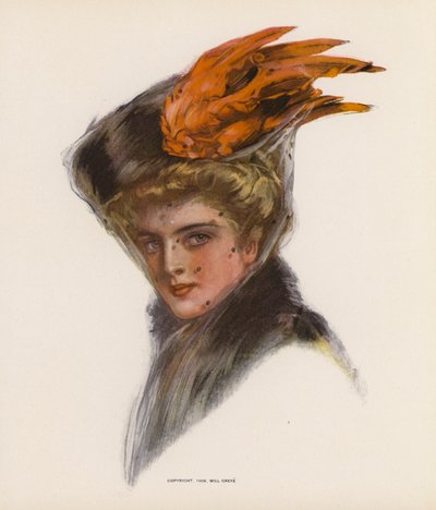 Junge Frau mit Hut mit orangefarbenen Federn von American School