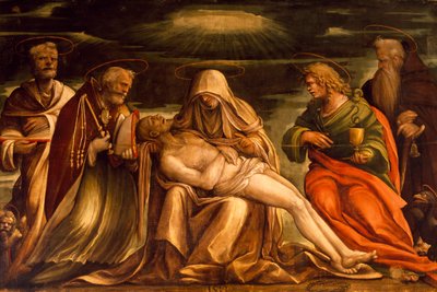 Pieta zwischen den Heiligen Markus, Ambrosius, Johannes dem Evangelisten und Antonio Abate, von Amico Aspertini (1474 oder 1475-1552), Tempera auf Leinwand von Amico Aspertini