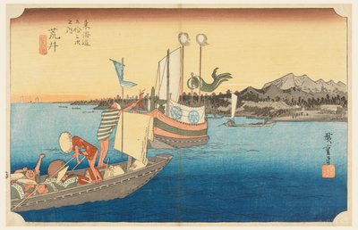 Arai-Fähre, in Die Dreiundfünfzig Stationen der Tokaido-Straße (Tokaido Gojusan Tsugi-no Uchi) von Ando Hiroshige