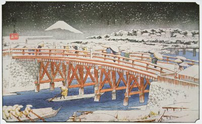 Eine Brücke in Yedo mit dem Berg Fuji im Hintergrund von Ando or Utagawa Hiroshige