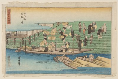 Boote, die bei Hachikenya anlegen von Ando or Utagawa Hiroshige