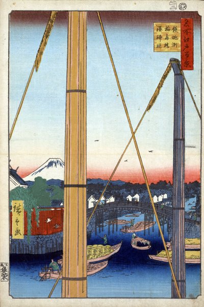 Hundert berühmte Ansichten von Edo: Der Inari-Schrein und die Inari-Brücke in Teppozu von Ando or Utagawa Hiroshige