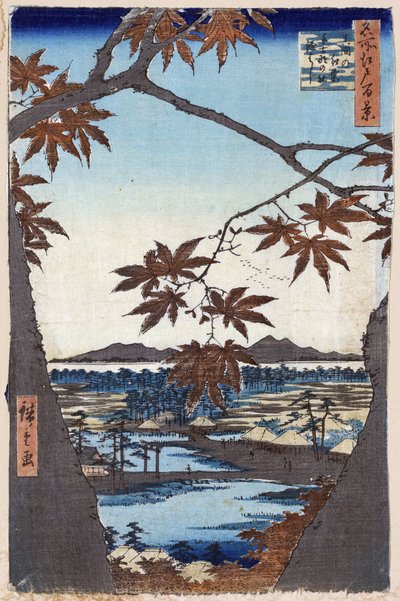 Ahornblätter und der Tekona-Schrein und die Brücke in Mama (Hundert berühmte Ansichten von Edo) von Ando or Utagawa Hiroshige