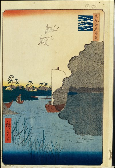 Hundert berühmte Ansichten von Edo: Zerstreute Kiefern am Tone-Fluss (1856-1858) von Ando or Utagawa Hiroshige