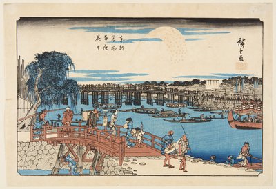 Feuerwerk an der Ryōgoku-Brücke (Farbholzschnitt) von Ando or Utagawa Hiroshige