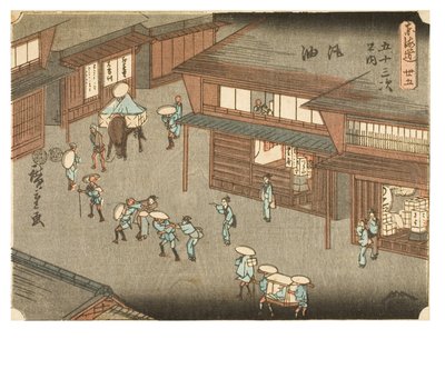 Goyu. Frauen halten Reisende auf der Straße an. Aus der Serie Die dreiundfünfzig Stationen des Tokaido, um 1847-1852 von Ando or Utagawa Hiroshige