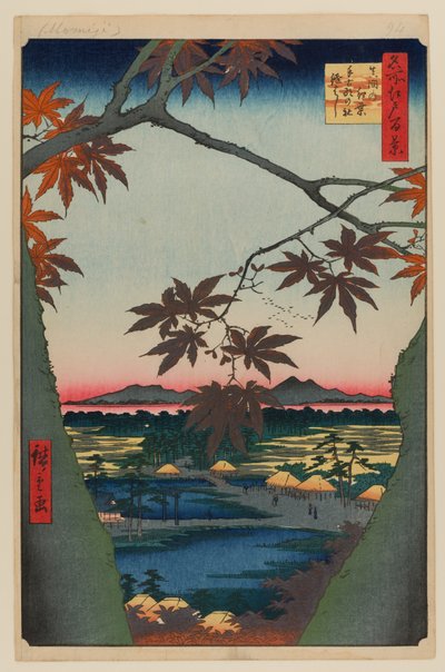 Ahornbäume bei Mama, Tekona-Schrein und verbundene Brücke von Ando or Utagawa Hiroshige