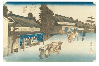 Narumi: Berühmter Arimatsu-Batikstoff aus der Serie Die 53 Stationen des Tokaido von Ando or Utagawa Hiroshige