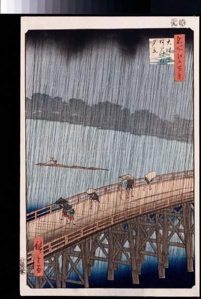 Ohashi, plötzlicher Regenschauer bei Atake, aus der Serie "Hundert Ansichten berühmter Orte in Edo" von Ando or Utagawa Hiroshige