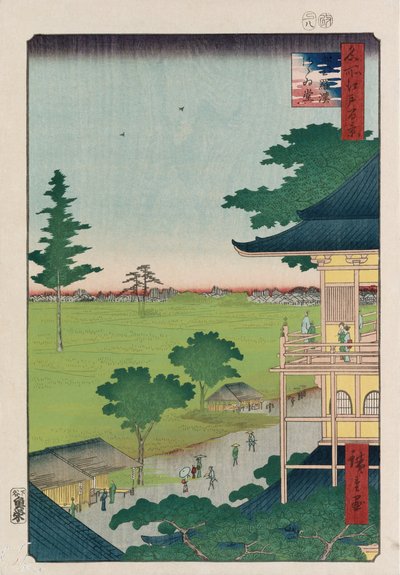 Sazai-Halle, Fünfhundert Raken [Tempel], aus der Serie "Hundert Ansichten berühmter Orte in Edo" von Ando or Utagawa Hiroshige