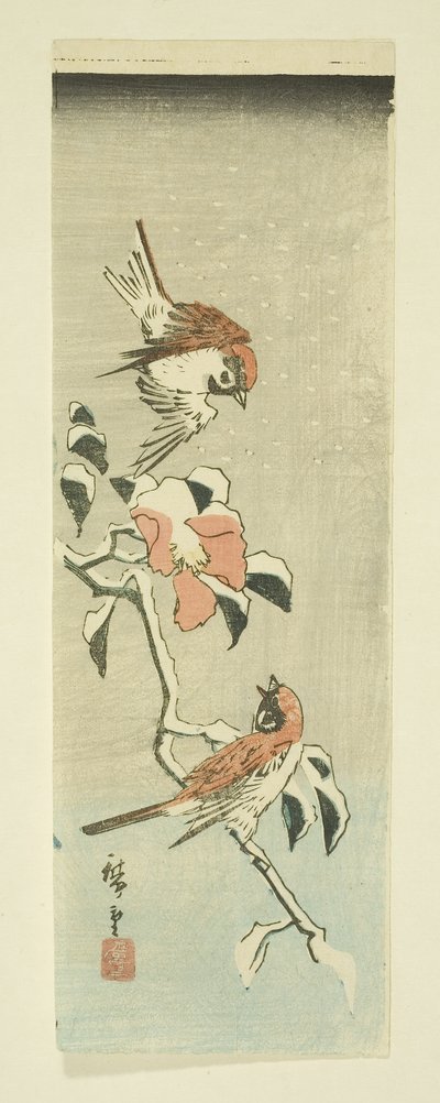 Spatzen und Kamelie im Schnee von Ando or Utagawa Hiroshige