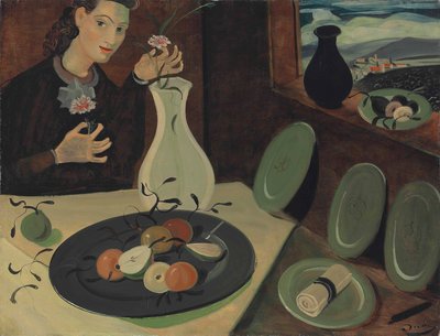 Obstteller und Frau, die Blumen in eine Vase stellt von Andre Derain