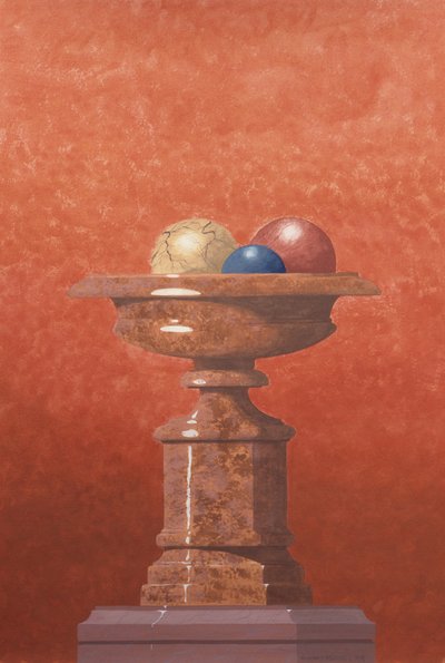 Marmorne Vase, rote, blaue und gelbe Marmorkugeln von Andras Kaldor