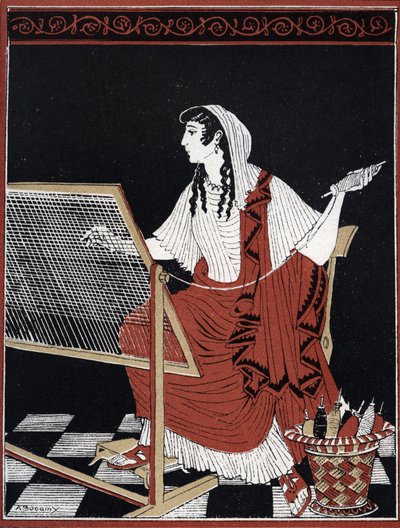 Odyssee von Homer: Penelope, die ständig ihr Gewebe auf ihrem Webstuhl auftrennt und wiederherstellt, während sie auf die Rückkehr von Odysseus wartet. Illustration von Andre Bonamy (1880-1943) in „Le retour d