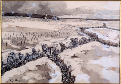 Vor einem Angriff. Soldaten in den Schützengräben kurz vor dem Angriff im Winter 1915 (Aquarell und Bleistift) von Andre Devambez
