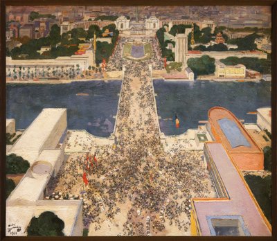 Die internationale Ausstellung 1937 vom zweiten Stock des Eiffelturms aus gesehen, am Fuße des Hügels von Chaillot, die Pavillons der Sowjetunion links und Nazi-Deutschland rechts gegenüber, Gemälde von Andre Devambez (1867-1944) von Andre Devambez