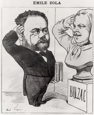 Karikatur von Emile Zola (1840-1902), der eine Büste von Honore de Balzac (1799-1850) salutiert, 1878 von Andre Gill