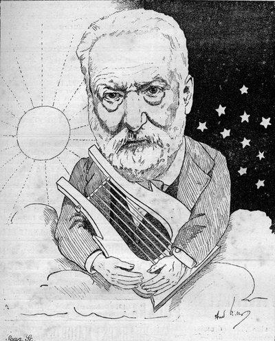 Karikatur von Victor Hugo (1802-1885), einem französischen Schriftsteller, dargestellt mit einer Leier auf einer Wolke im Himmel zwischen Tag und Nacht. Zeichnung von Andre Gill. Gravur in „Le Monde Illustré“. von Andre Gill
