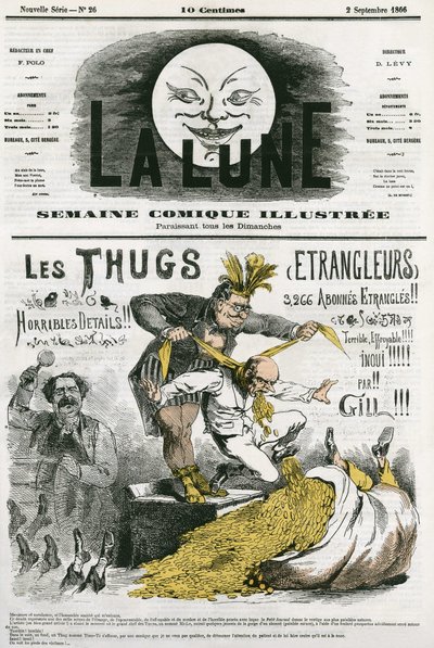 Karikatur der „Thugs“, ein Kult von Fremden, Anbeter von Kali, die von britischen Siedlern ausgerottet wurden. Karikatur von Gill, in „The Moon“, 2. September von Andre Gill
