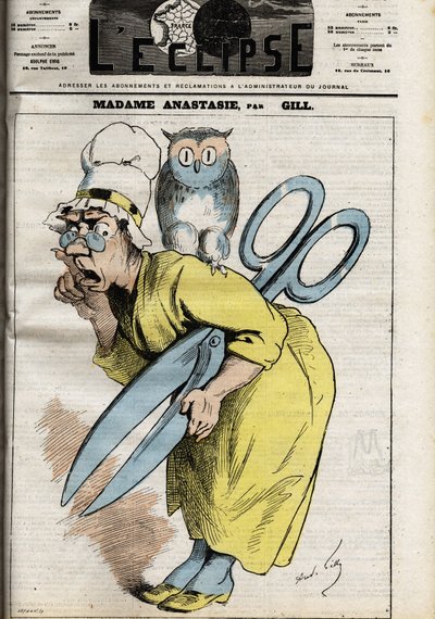Madame Anastasia mit der Schere der Zensur. Anastasia symbolisiert die Zensur der Presse und des Verlagswesens und trägt wahrscheinlich ihren Namen von Papst Anastasius I., der bestimmte Bücher verbot, die nicht der christlichen Kosmologie entsprachen. Ill von Andre Gill