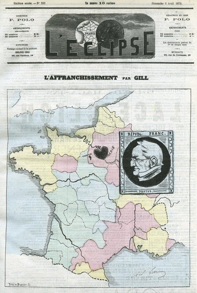 Postkarte, Karte von Frankreich in vier Zonen und ihre Briefmarke mit dem Profil des Präsidenten der Republik Adolphe Thiers (1797-1877) von Andre Gill