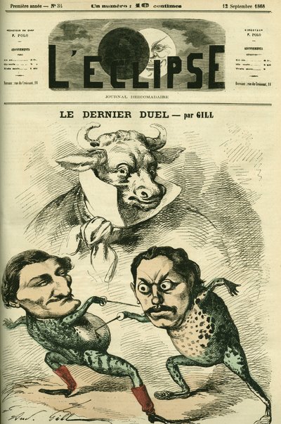 Das letzte Duell, Prospero-Olivier Frösche (Prosper Olivier) Lissagaray (1838-1901) und Paul Granier de Cassagnac (1842-1904) wollen so groß wie Rinder sein, Alfred de Musset und Victor Hugo darstellend. Titelblatt in „L