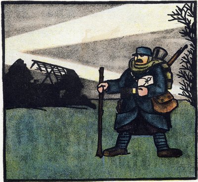 Erster Weltkrieg 1914-1918: Haarig. Porträt eines französischen Soldaten in Militäruniform mit Rucksack, Tasche und Gewehr. Gravur in „Alphabet des Großen Krieges 1914-1916 (für die Kinder unserer Soldaten)“. Editions Berger-Levrault von Andre Helle