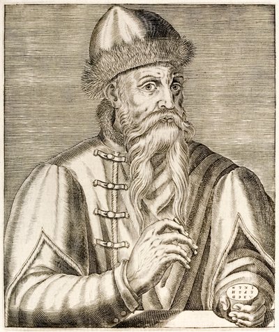 Johannes Gutenberg: Deutscher Erfinder, dessen Erfindung der beweglichen Lettern die Druckrevolution einleitete, aus „Wahre Porträts“ von André Thévet, veröffentlicht 1584 von Andre Thevet