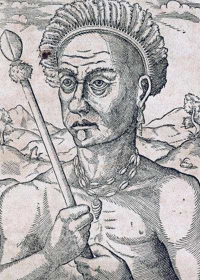 König Quoniambec, Brasilien, Gravur aus Universal Cosmology, von Andre Thevet, Paris von Andre Thevet